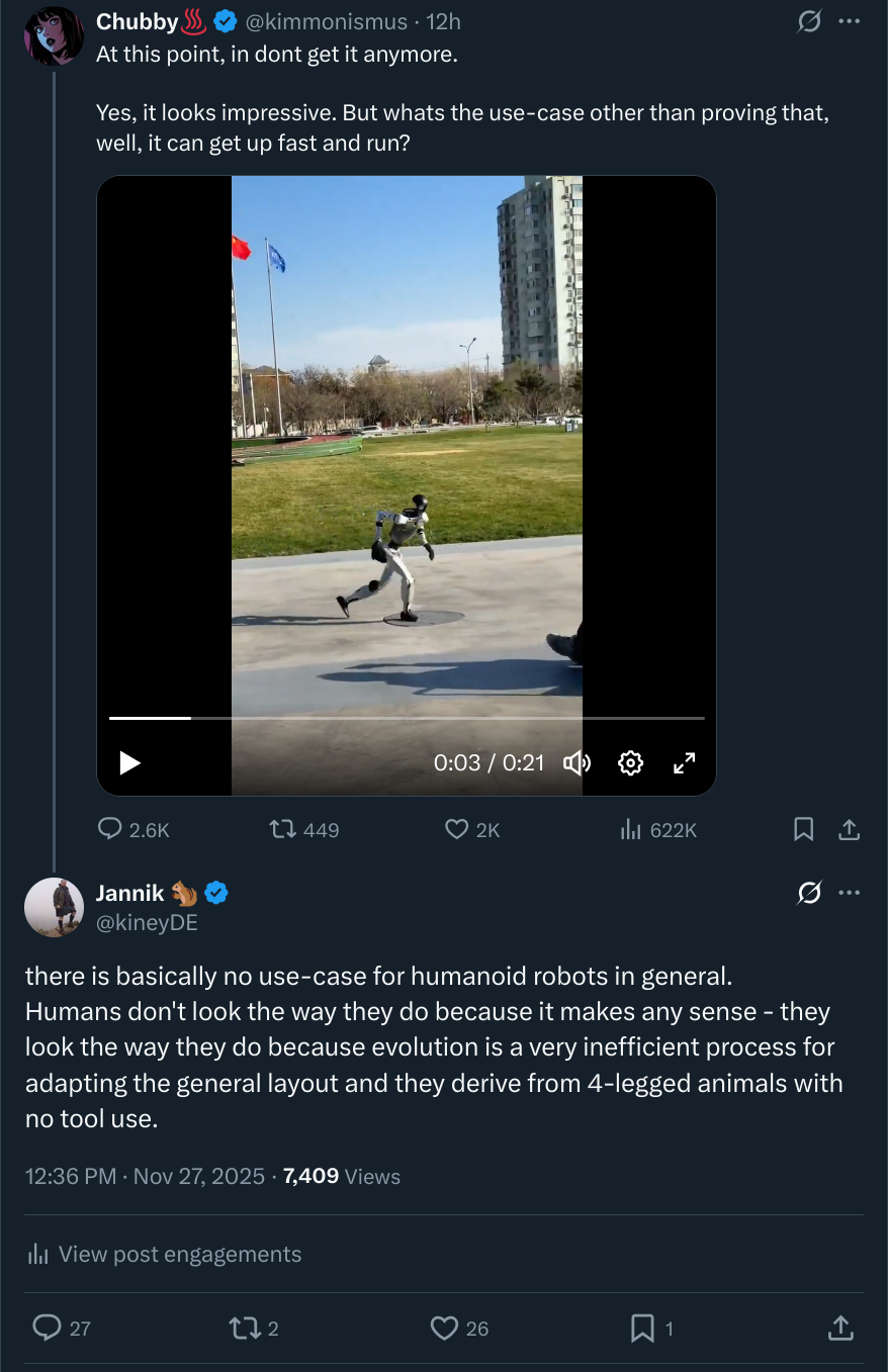 Screenshot des X-Kommentars über humanoide Roboter